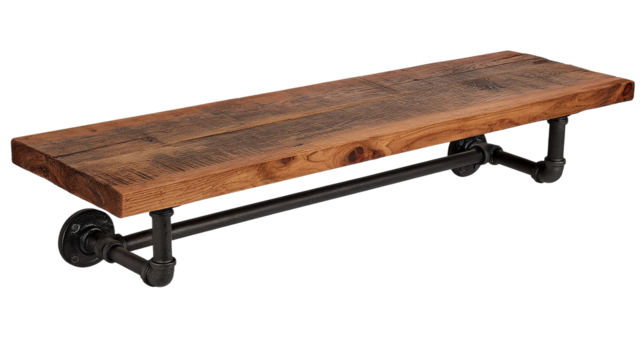 Wooden shelf displays rustic texture and has black metal pipe brackets on a transparent background.
