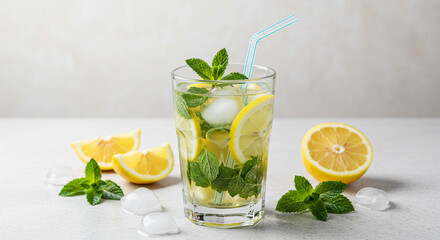 Refreshing lemon and mint drink with ice cubes in a glass with a straw on a white surface