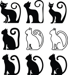 Black and White Cat Silhouette Vector Set &ndash; Sitting Feline Clipart