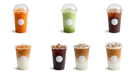 Assorted iced drinks in plastic cups with dome lids and white labels on a white background display