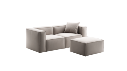 Tan modular sofa with a matching ottoman and single pillow sit isolated.