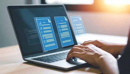 Typing on Laptop with Documents Overlay