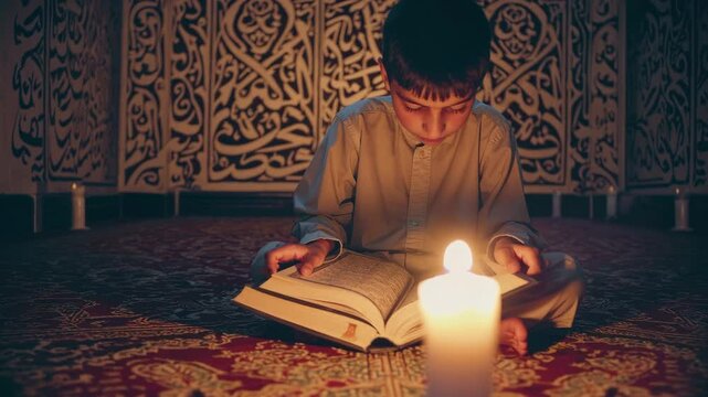 Boy with candle lights reading qur'an on mosque background. Seamless looping video animation background