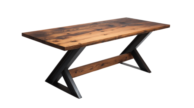Table is constructed with a rectangular wooden surface and a metal base forming an X shape.
