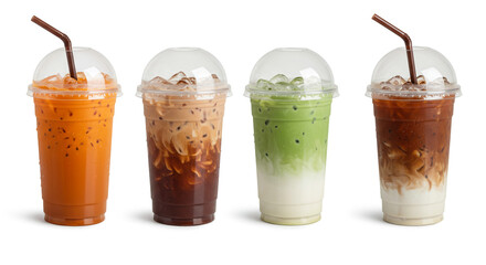 Four plastic cups with different iced drinks and straws on a white isolated background view