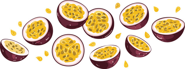 fresh golden passion fruit cut pieces, ripe pulp with juicy seed, isolated in air, cutout png.food, fruit, organic, passion fruit, advertisement, clip, group, lifestyles,passion, 