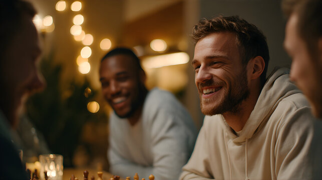 Board game night with friends: a group of young people playing board games at the kitchen table