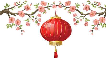 Fototapeta premium red Chinese new year lantern hanging on a plum blossom branch, watercolor illustration, china traditional element, cutout png vector.china, chinese, decoration, japanese, festival, painting,