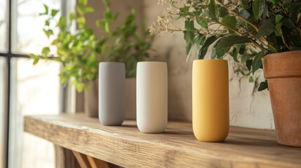 Trio of Matte Ceramic Vases in White, Gray, and Soft Yellow Arranged on a Wooden Shelf – Minimalist and Neutral Home Decor Display