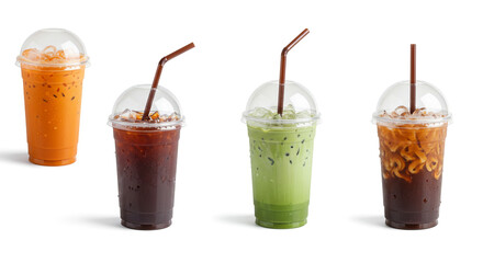 Assortment of iced drinks in clear plastic cups with straws on a white background in studio shot