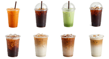 Assortment of various iced drinks in clear plastic cups with straws on a white background isolated