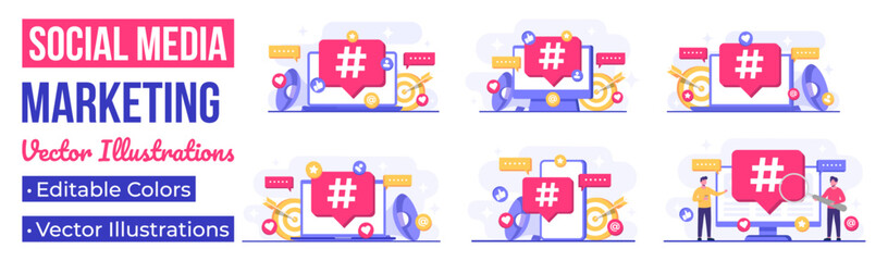 Set of social media marketing concepts flat vector illustration for landing page, web banner, mobile application, banner, business content strategy, web design, Digital marketing, online connection