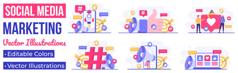 Set of social media marketing concepts flat vector illustration for landing page, web banner, mobile application, banner, business content strategy, web design, Digital marketing, online connection