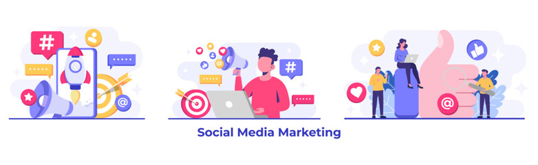 Set of social media marketing concepts flat vector illustration for landing page, web banner, mobile application, banner, business content strategy, web design, Digital marketing, online connection
