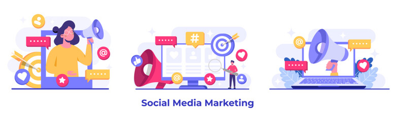 Set of social media marketing concepts flat vector illustration for landing page, web banner, mobile application, banner, business content strategy, web design, Digital marketing, online connection