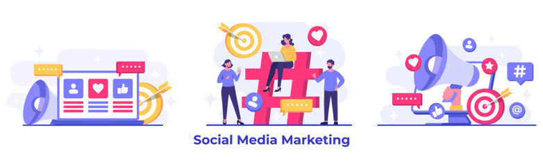 Set of social media marketing concepts flat vector illustration for landing page, web banner, mobile application, banner, business content strategy, web design, Digital marketing, online connection