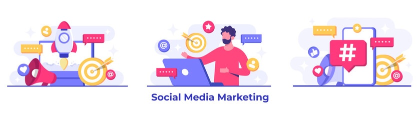 Set of social media marketing concepts flat vector illustration for landing page, web banner, mobile application, banner, business content strategy, web design, Digital marketing, online connection