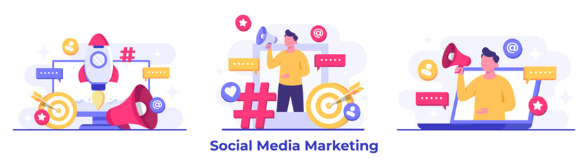 Set of social media marketing concepts flat vector illustration for landing page, web banner, mobile application, banner, business content strategy, web design, Digital marketing, online connection