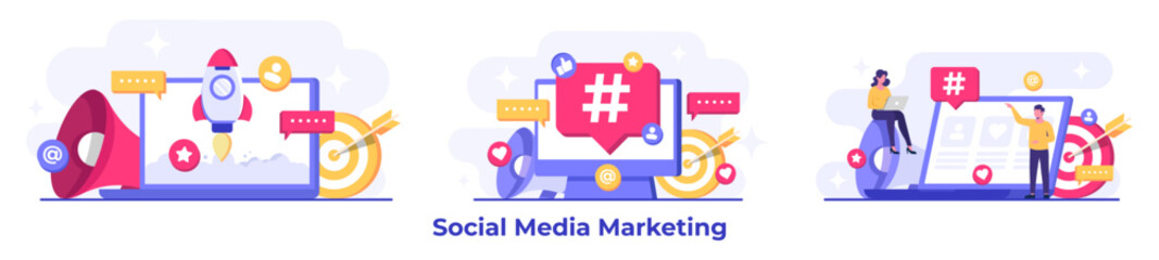 Set of social media marketing concepts flat vector illustration for landing page, web banner, mobile application, banner, business content strategy, web design, Digital marketing, online connection