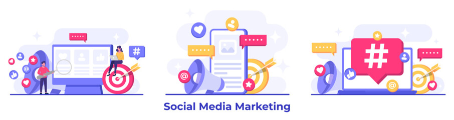 Set of social media marketing concepts flat vector illustration for landing page, web banner, mobile application, banner, business content strategy, web design, Digital marketing, online connection