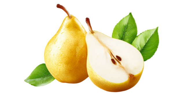 Pears cut in half are adjacent to fresh leaves on transparent background