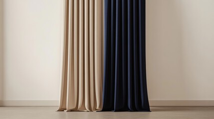 Two-Tone Layered Curtains in Neutral Beige and Deep Navy Enhancing Minimalist Room Depth and Elegance