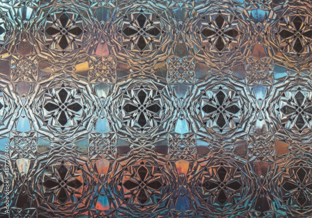 Poster iridescent geometric pattern - intricate iridescent geometric pattern with repeating floral designs.