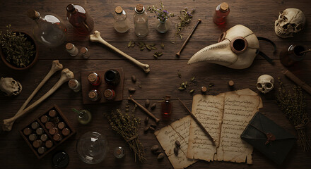 Plague Doctor Still Life: Mask, Bones, and Alchemical Vessels on Wooden Table