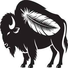 Black and white bison with feather vector illustration for print or logo design template idea concept