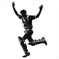 Vector Silhouette of a Celebrating Cricket Player in Action/Dynamic silhouette of a cricket player in mid-action, arms raised in celebration.