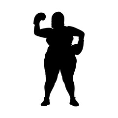 A strong, confident female boxer silhouette stands poised, arms raised with boxing gloves, showcasing determination and strength.