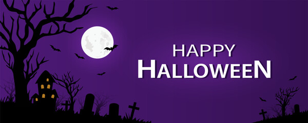 Halloween cemetery with bats, moon, scary trees and purple sky. Vector illustration for Halloween background. Holiday flyer, poster or banner.