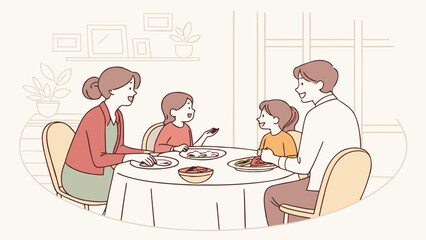 Happy family enjoying a meal together at the dining table isolated on white background