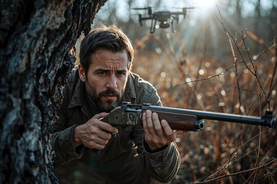 Armed man aiming with rifle while hunting in forest with drone