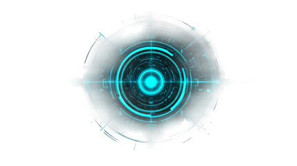 Glowing blue circular element shows layered geometric shapes on a transparent background.