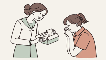 Doctor offers tissues to a patient with allergies or a cold isolated on white background