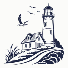 Lighthouse and Keeper's Cottage Coastal Scene: Nautical Vintage Style Illustration, Black and White Vector Graphic, Seabird, Ocean Waves