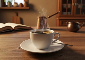 Fototapeta premium Rustic Home Coffee Delight - A steaming cup of coffee sits on a wooden table, symbolizing warmth, comfort, relaxation, homeliness, and morning ritual