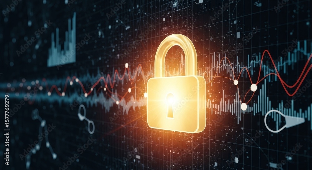 Poster security and data protection - glowing padlock icon on a dark background with data charts and graphs