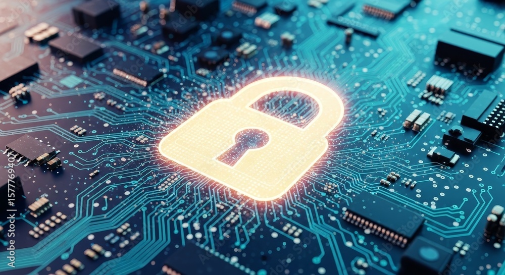 Poster security: protecting data in the cyber world - glowing padlock symbol on a circuit board, representi
