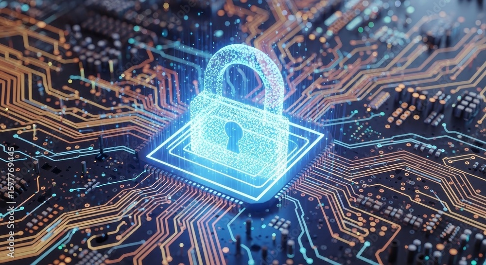 Poster security system protection - abstract padlock on a circuit board, representing data security and cyb