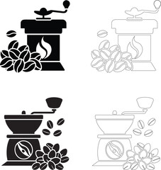 coffee day coffee grinder icon set with solid and outline silhouettes and coffee bean clusters
