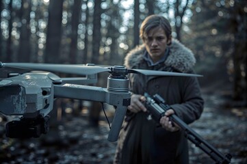 Fototapeta premium Armed man aiming with drone in forest during winter 