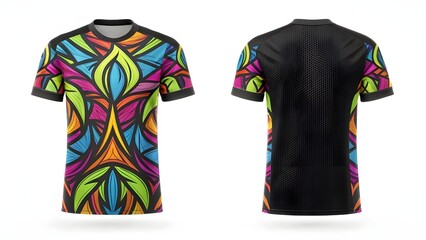 Mockup Front and back view of a t-shirt with a colorful, abstract geometric design on the front and black back.