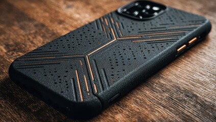 Sleek black phone case with geometric, perforated, copper-toned accents rests on a wood surface