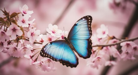 Obraz premium Serene Spring: Butterfly on Cherry Blossoms - A vibrant blue morpho butterfly rests delicately on a branch of blossoming cherry trees, symbolizing beauty, tranquility, transformation, new beginnings,