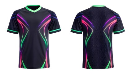 Mockup Front and back view of a stylish black sports jersey with vibrant neon pink, purple, and green design accents.