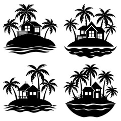Obraz premium Four tropical islands with houses and palm trees in black silhouette against a white background scene view