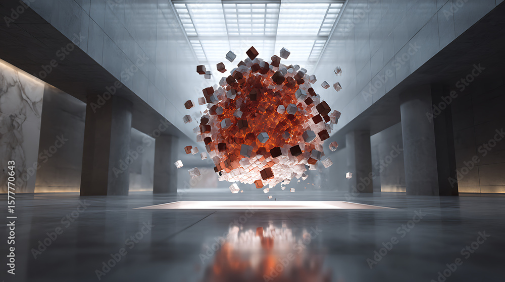 Aufkleber an abstract cluster of cubes floats in a modern architectural space with vibrant reflections