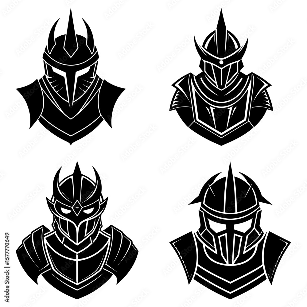 Poster four stylized knight helmets in black and white with unique designs and sharp features displayed cle